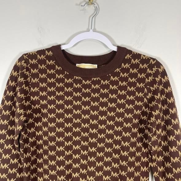 Michael Kors Knit Top Logo Sweater Womens XS Brown Tan Gold Old Money Dressy thumbnail 3