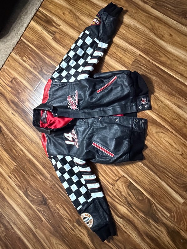 mens large nascar leather jacket with # 14 rick crawford 