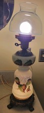 VTG 3 Way Light Green Milk Glass Hurricane Lamp Hand Painted Leaf Motif.  17"