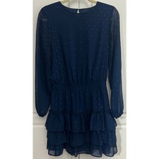 Express Navy Blue Swiss Dot Dress w/Long Sleeve Ruffle Tiered Hem Size M  NWOT