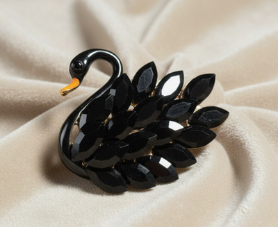 Brosche Schwan schwarz Kristall gold Metall Vogel Anstecknadel Revers groß zz
