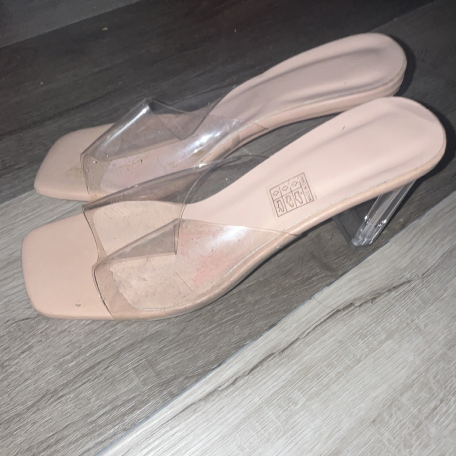 EGO Clear Accents Beige Slip On Block Heel Mule Square Toe Synthetic Upper Women