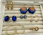 Blue & Gold VTG-now textured hoops dangly Jewelry Lot ~7 pairs of Earrings Lot