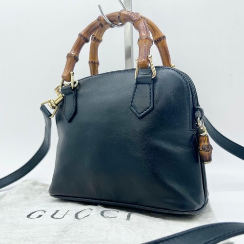 GUCCI Vintage Bamboo 2Way Mini Shoulder Handbag Navy Leather Gold Hardware