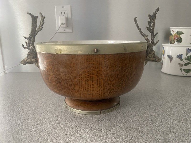 Antique English Trophy Bowl Oak Wood w/China Insert Deer Antler Heads D&A EPNS