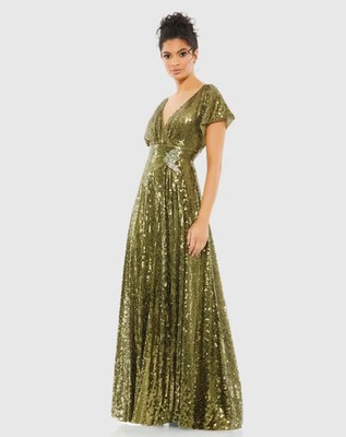 Mac Duggal 10773 Sequined Butterfly Sleeve Wrap Over A Line Gown-Size 14