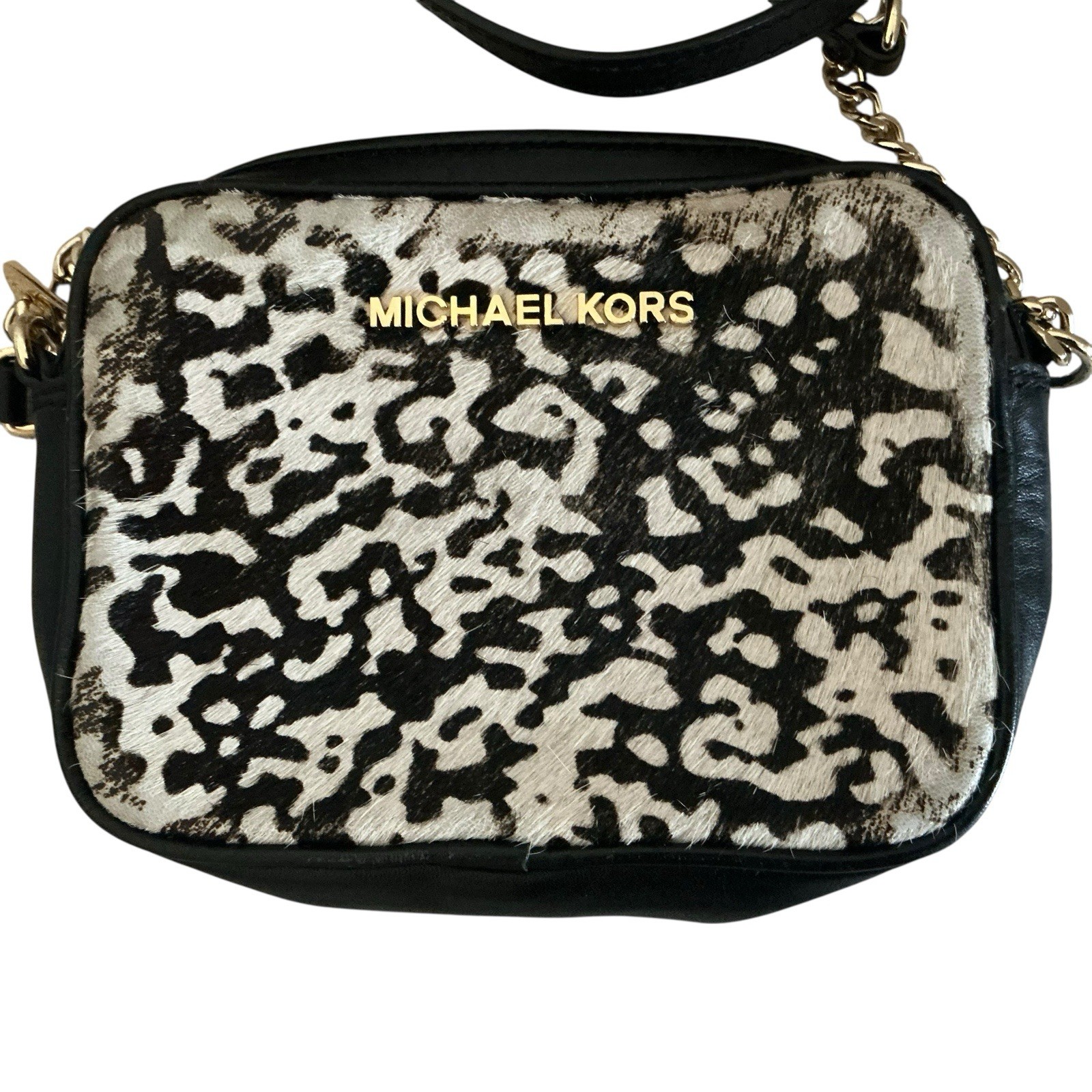 Michael Kors Animal Calf Hair Crossbody Bag Gold Chain Purse Black Leather MK