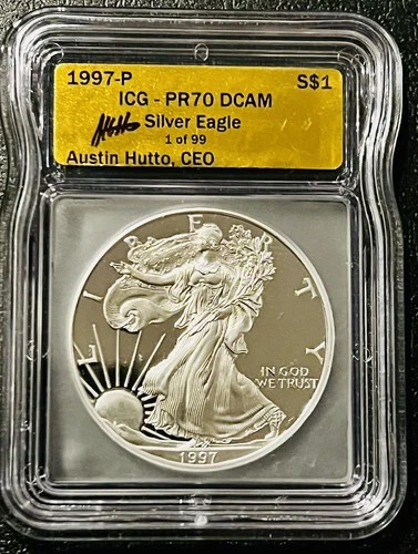 1997 P American Silver Eagle PR70 DCAM ICG - A. Hutto Sig. - Gold Label- 1 of 99