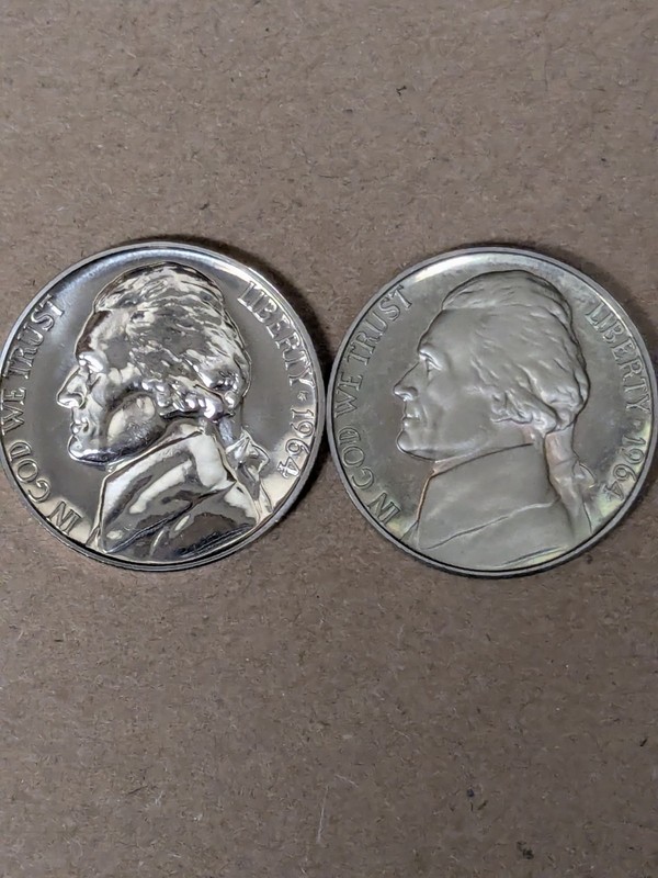Lot of Two 1964 No Mint Mark Jefferson Nickels Proof Uncirculated ,Cam, Toning