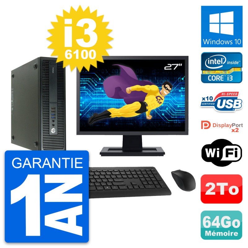 PC HP 600 G2 SFF Ecran 27" Intel i3-6100 RAM 64Go Disque Dur 2To Windows 10 Wifi