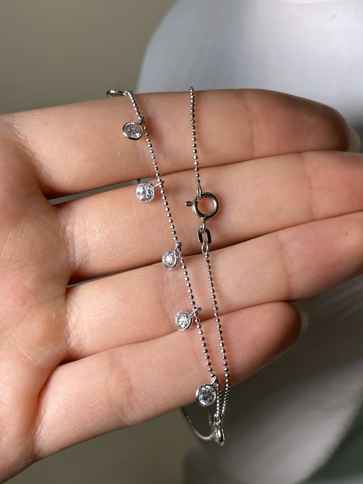 Solid 14K White Gold Dangle Station Necklace & CZ… - image 2