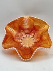 Vintage Carnival Glass Bowl Marigold Opalescent Beaded Rim Starflower Base