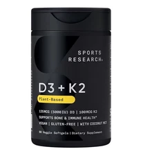 Sports Research Vitamin D3 + K2 w/ Coconut MCT Oil  Vegan Certified 60 Softgels