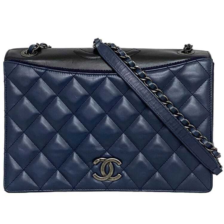 CHANEL Chain Shoulder Bag Navy Black Silver Matelasse Good Condition Single