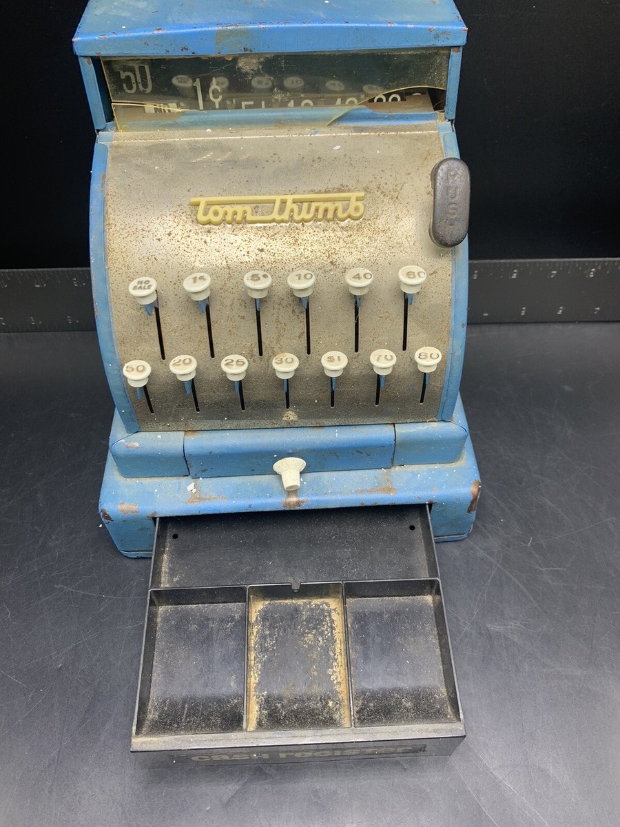 Vintage Tom Thumb Toy Cash Register; Metal, Blue, Works & Rings