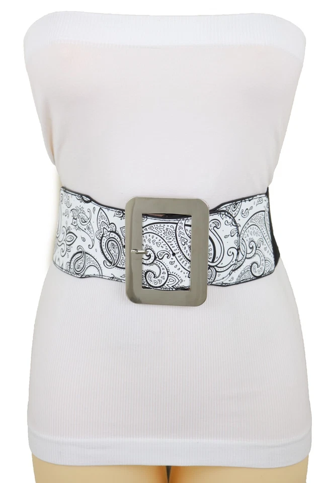 Женщин широкий белый эластичный высокая талия бедра моды ремень черный пейсли печать подходит S M - Изображение 4 из 4
