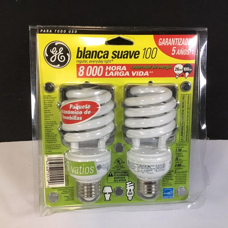 GE Spiral Soft White 100 Long Life Energy Saver Uses only 26 Watts Twin Pack NEW - Image 2 of 2