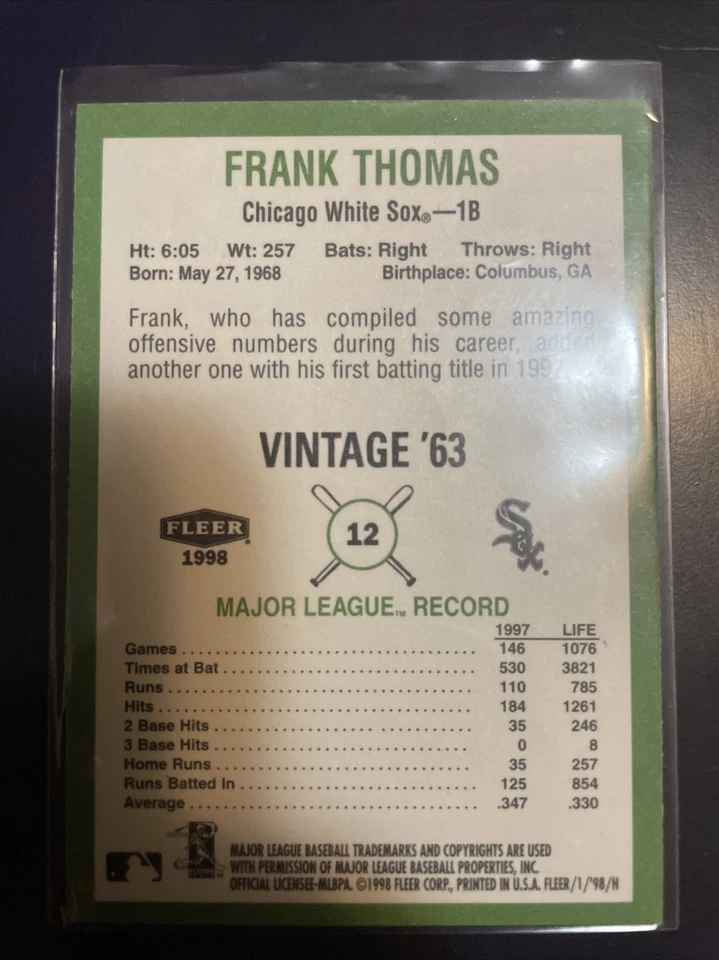 1998 Fleer Tradition Vintage '63 Frank Thomas #12 - Image 2 of 2
