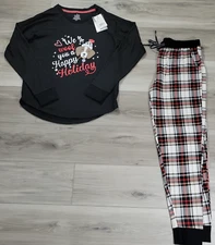 Cuddl Duds Sueded Poly Spandex Long Sleeve 2-PC Pajama Set Small Black Plaid New