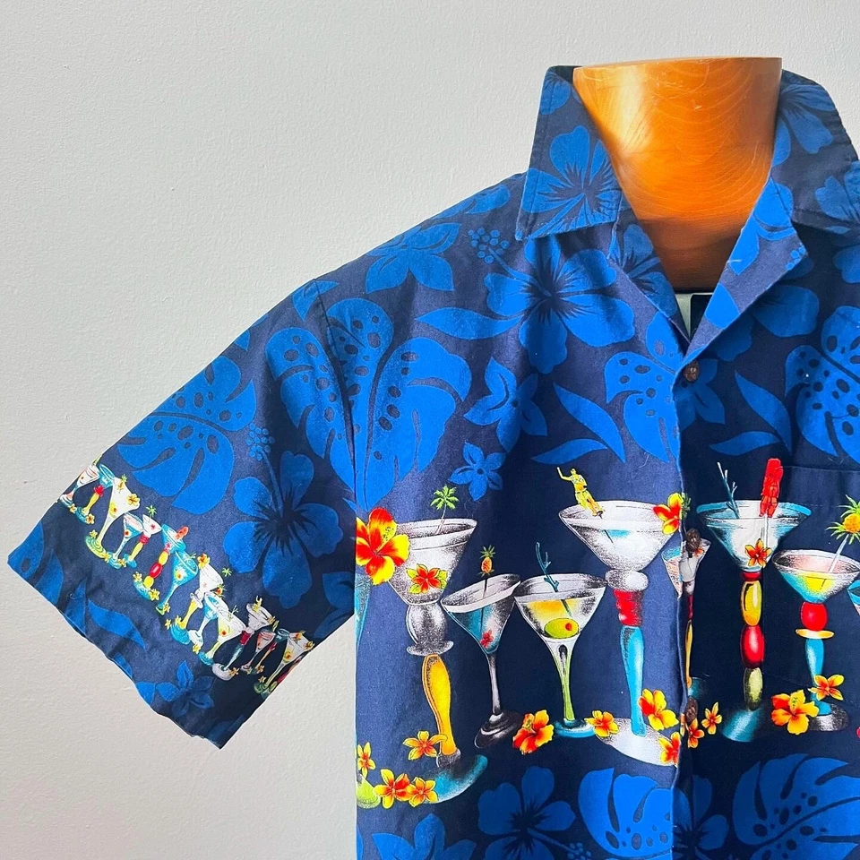 Camisa Aloha Floral Hawaiana Algodón Azul Vintage Años 90 TIKI COCKTAILS M 44 46 Foto 3 de 4