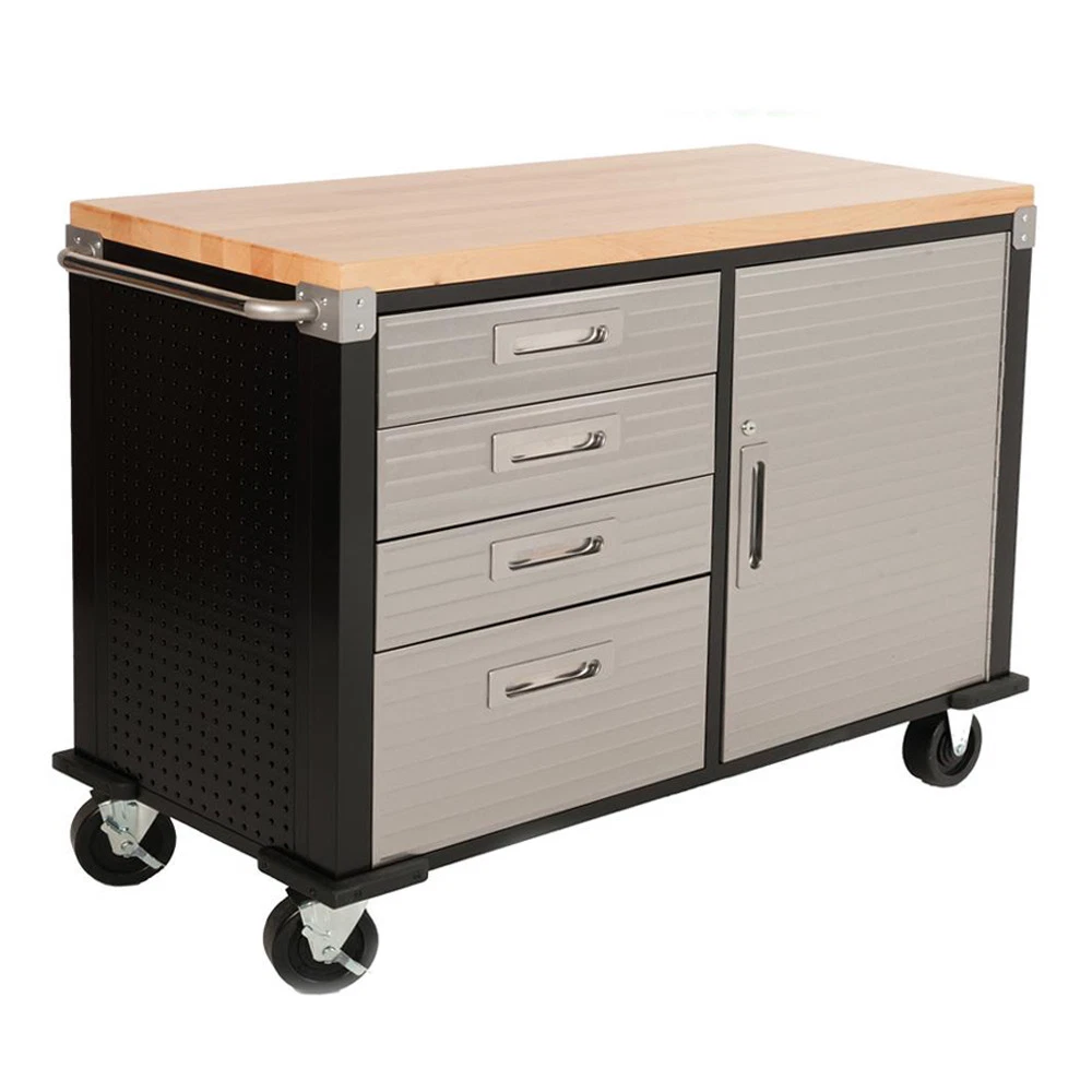 Seville HD 4ft Rolling Workbench Wood Top Four Drawer Cabinet
