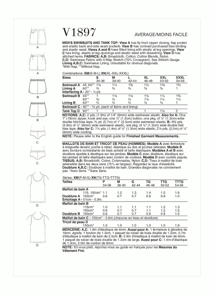 Vogue Pattern V1897 Men's S - XXXL Swim Shorts & Bathers in 2 Styles & Tank Top - Image 2 of 4