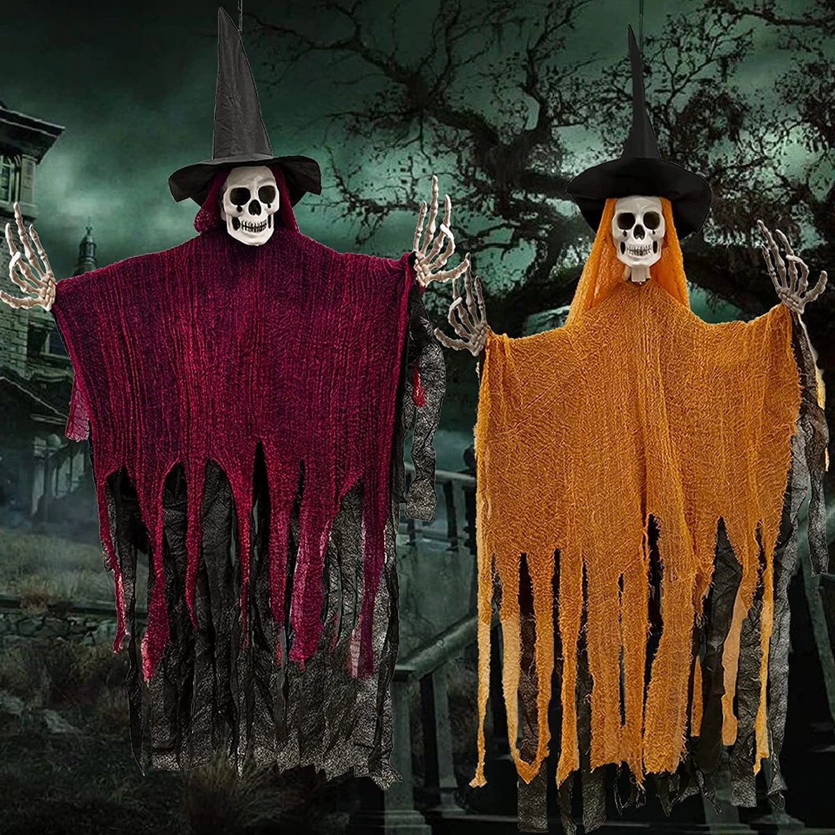2 Pack Halloween Decorations Outdoor Hanging Skeleton Ghost Decorations 45.6 Sc