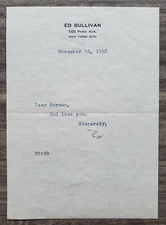 Ed Sullivan Signed Original Letter TV Show Host CBS News RAD