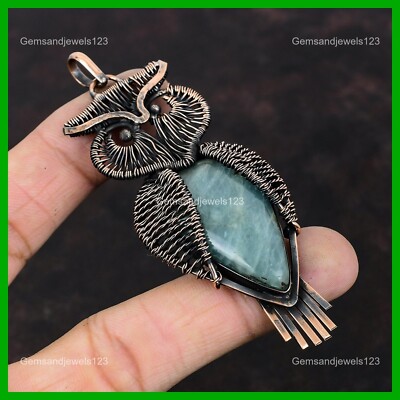 Easter Sale Copper Pear Aquamarine Stone Wire Wrapped Owl Handmade March Pendant