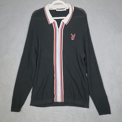 Playboy Pacsun Men's Black Ribbed Zip Front Logo Knit Sweater