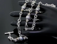 David Yurman 925 Silver 18K Gold Diamond Tahitian Pearl Figaro Chain Necklace