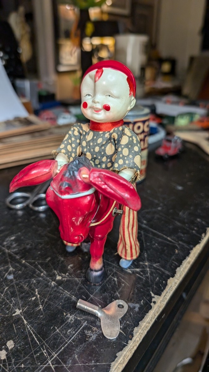 1950's Wind Up Clown / Joker Riding Donkey Celluloid Toy , Japan w