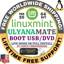 Linux MINT 20 USB Ulyana - Mate, 64-Bit Live Boot, Full Install for MAC, PC