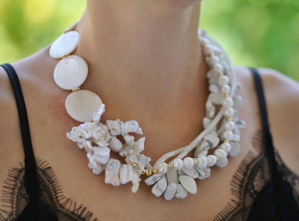 Novo Howlite Pérola Barroca Madrepérola Chunky Grande Colar de Contas com Brinco