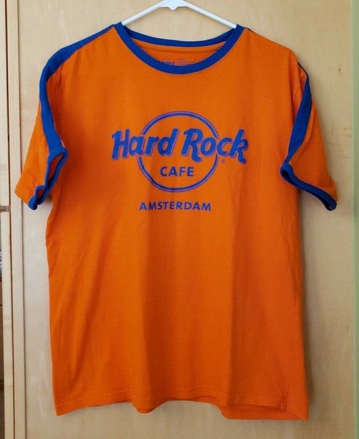 HARD ROCK CAFE AMSTERDAM Men's Medium Orange Blue tshirt Ringer eBay
