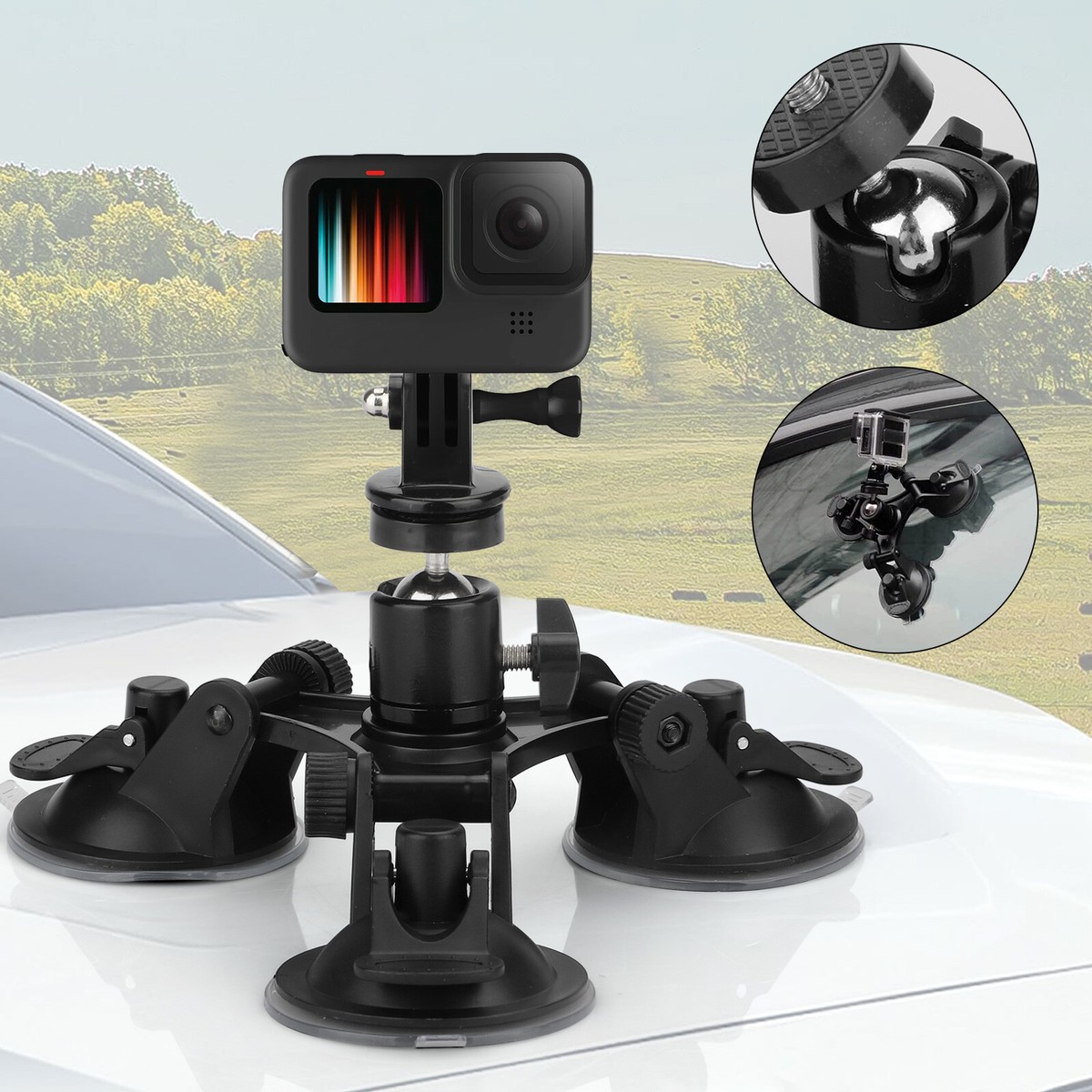 Car Holder Triple Vacuum Suction Cup Mount for GoPro Hero DJI OSMO