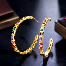 Charming Rainbow CZ Yellow Gold Plated Round Hoop Earrings Boho Bridal Wedding