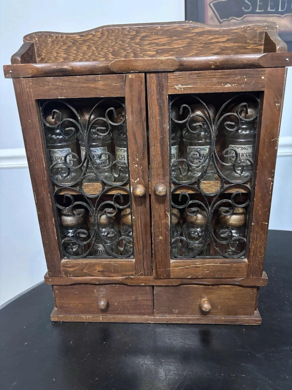 VTG Wood Wall Rack Spice Cabinet with 2 Drawers and 12 Spice Glass Jars
Opens in a new window or tab