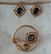 Vtg Amco 14k Gold Filled Signed Brooch Earrings Set Dark Stone Costume Jewelry