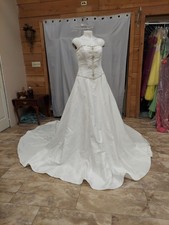 Eden Bridal White Pearl Beaded Gem Cementrical Train  Adjustable Lace Down Back