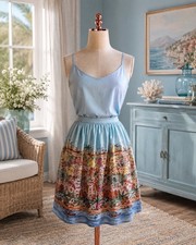TALBOTS Petite Scenic Riviera Print Fit Flare Zip Midi Skirt Blue Size 6P