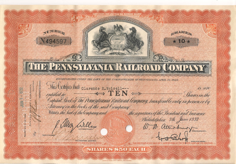 #A1209 Clarence E. WEISELL 1932 Pennsylvania Railroad Co. Interesting Stock Cert