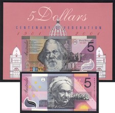 Australia: 2001 $5 Federation 1ST PREFIX "AA01" + OVERPRINT NPA FOLDER. Cat $60