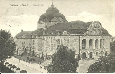 Postcard Freiburg im Breisgau - new city theatre, Art Nouveau, magnificent building - 1910 used