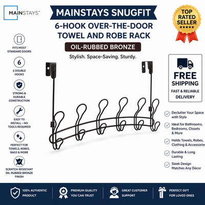 Mainstays SnugFit Oil-Rubbed Bronze 6-Hook Over-the-Door Towel Rack