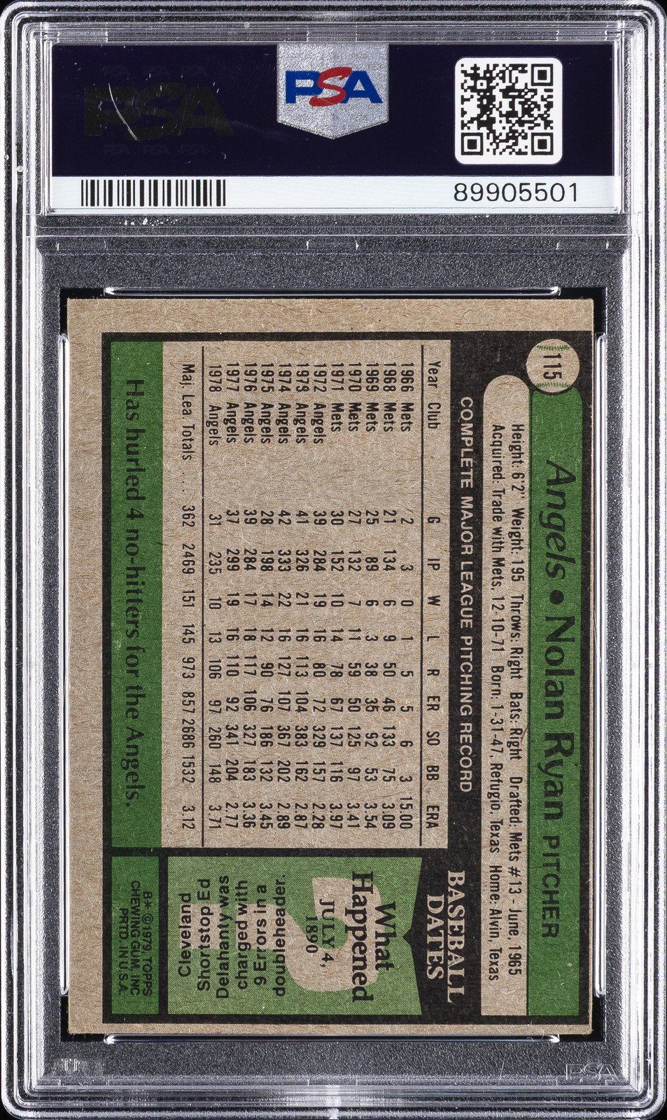 1979 TOPPS #115 NOLAN RYAN PSA 7 view 2