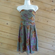 Flounce Anthropologie Olive Army Green Floral Strapless Boned Pleated Dress 8