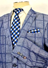 Tallia Linen Cotton Sport Coat Blue Windowpane Check Paisley Lining 40R