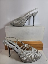 NINA SILVER GLITTERY ANKLE STRAP/OPEN TOE 4" HEELS IN SZ 8.5