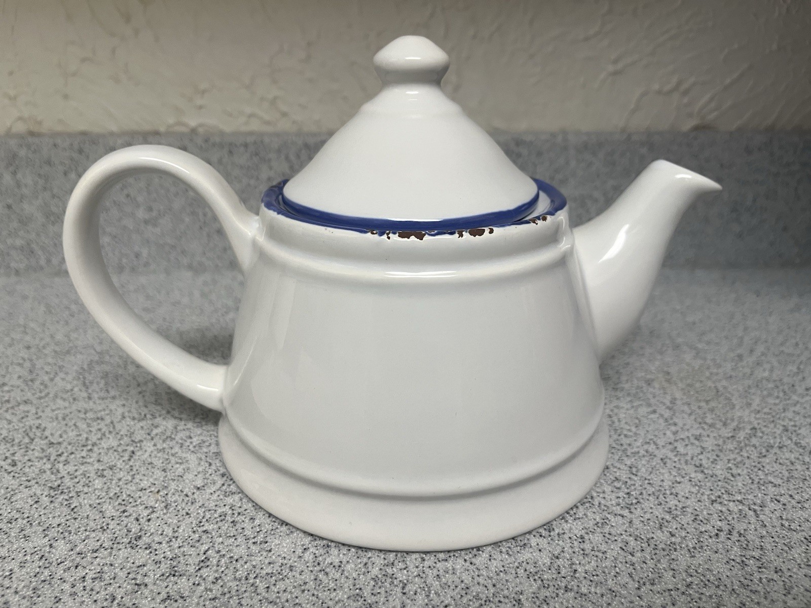 White Ceramic Teapot Distressed Blue Rim Farmhouse Rustic Kitchen Decor 6” 
